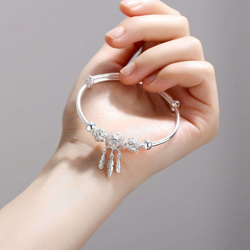 Feather Round Bead Charm Bracelet