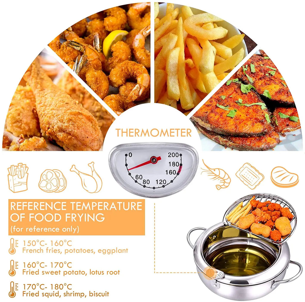 304 Stainless Steel Deep Frying Pot with Thermometer And Lid Silver