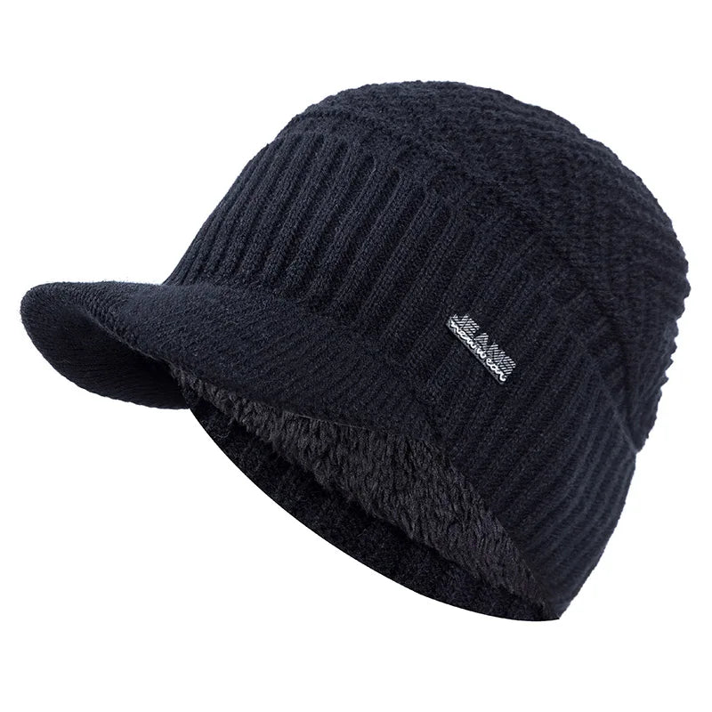 Unisex Winter Beanie Hat with Brim – Thick Fleece-Lined Knitted Warm Cap