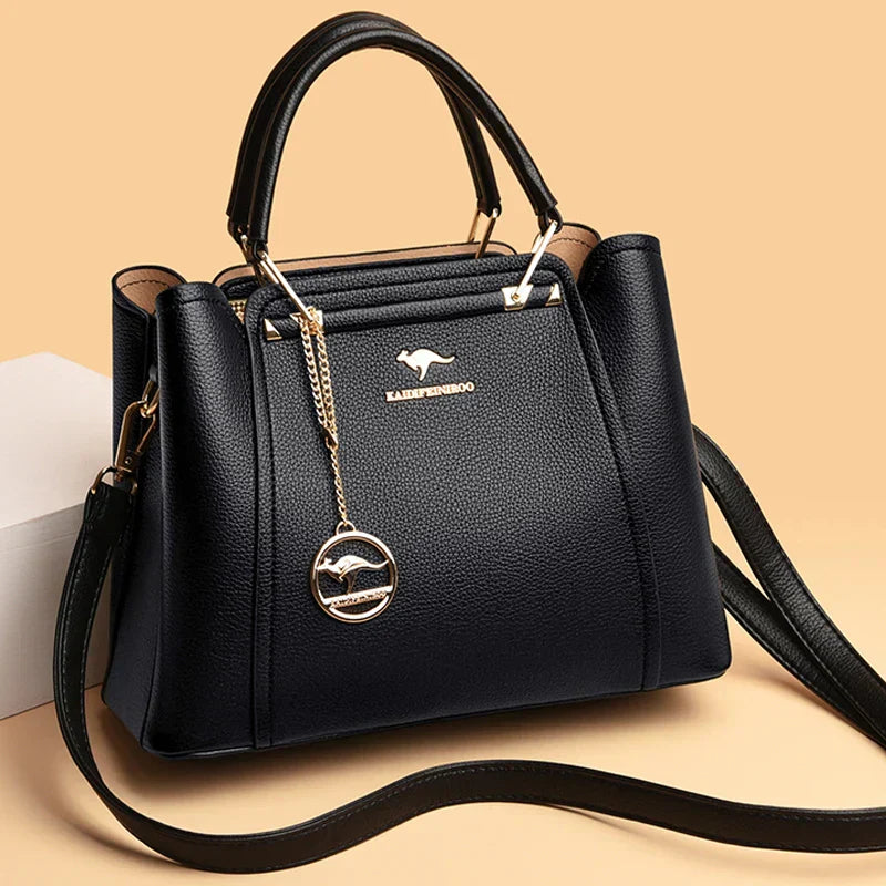 3-Layer Leather Shoulder Tote Crossbody Bag