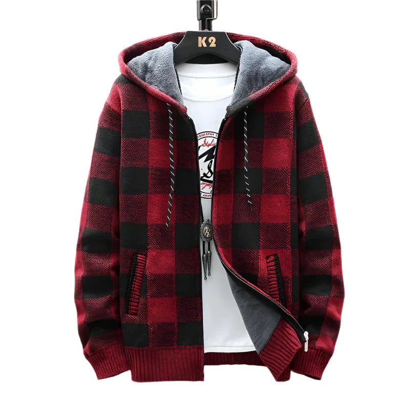 Men's Winter Hooded Plaid Wool Knit Cardigan