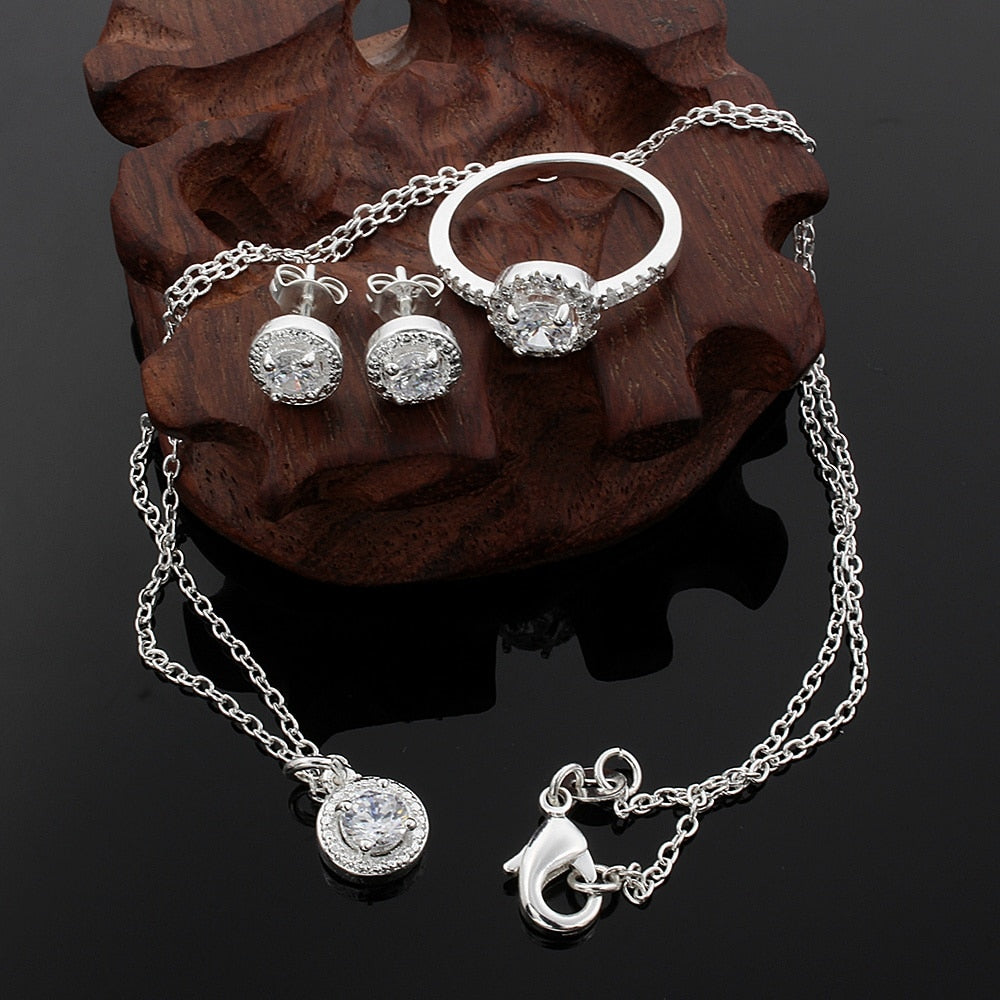 Sterling silver Cute Solid Christmas gift noble fashion elegant women shiny crystal CZ necklace earring ring jewelry Set