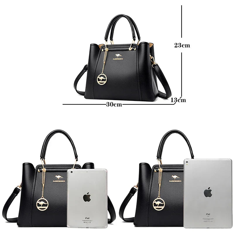 3-Layer Leather Shoulder Tote Crossbody Bag