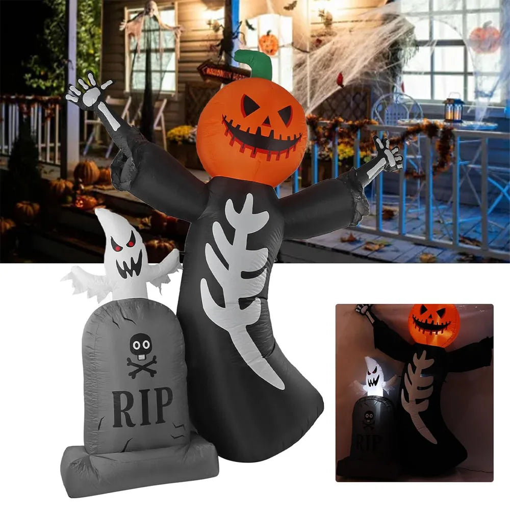 Inflatable Pumpkin Skeleton Halloween Yard Decor -  8Ft