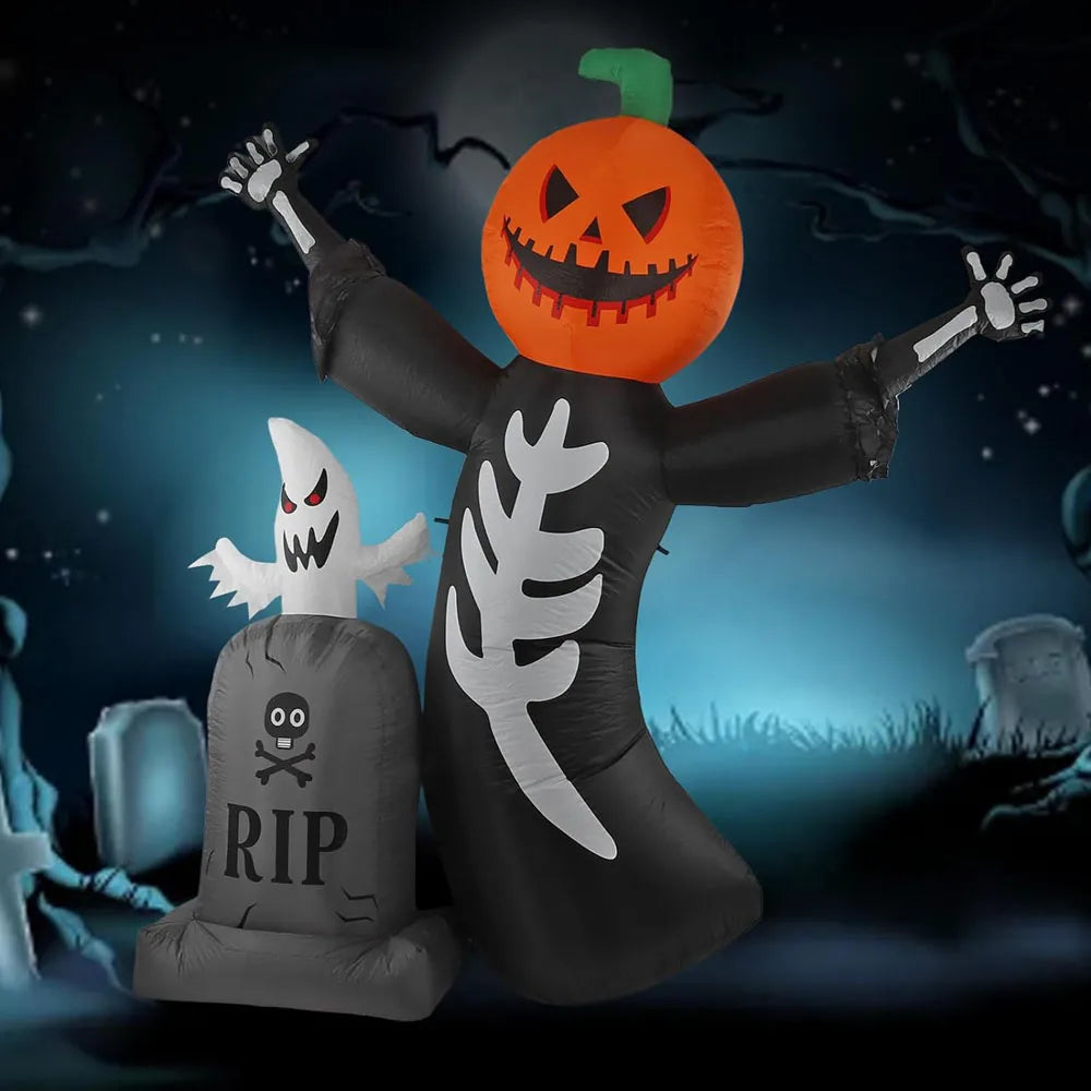 Inflatable Pumpkin Skeleton Halloween Yard Decor -  8Ft