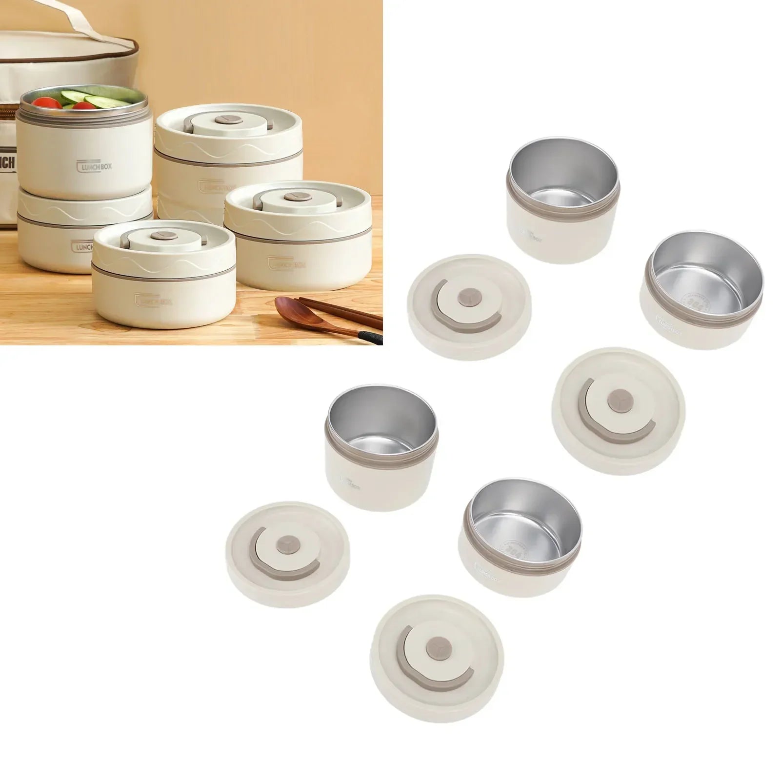 4Pcs 304 Stainless Steel Insulated Lunch Container Set Beige