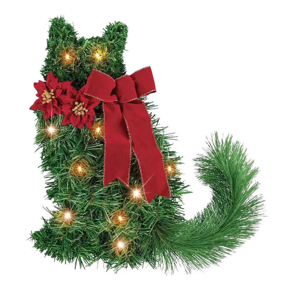 Led Christmas Cat Wreath With Pine Needles And Lights