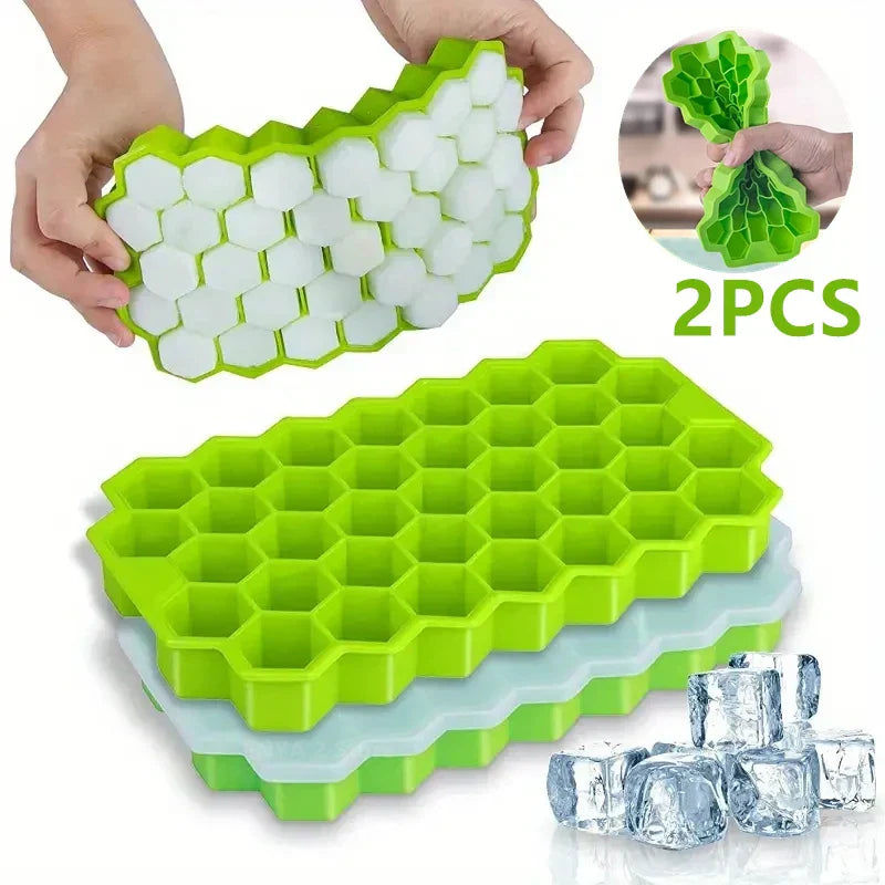 2 Pcs Silicone Honeycomb Ice Cube Tray With Lid