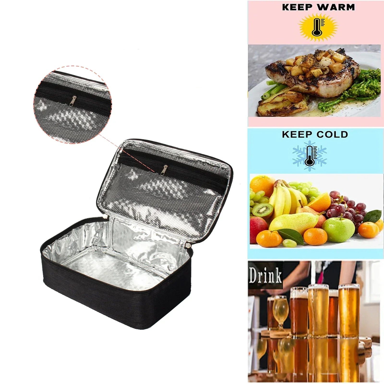 Small Insulated Lunch Box Bag For Work Picnic (Black)