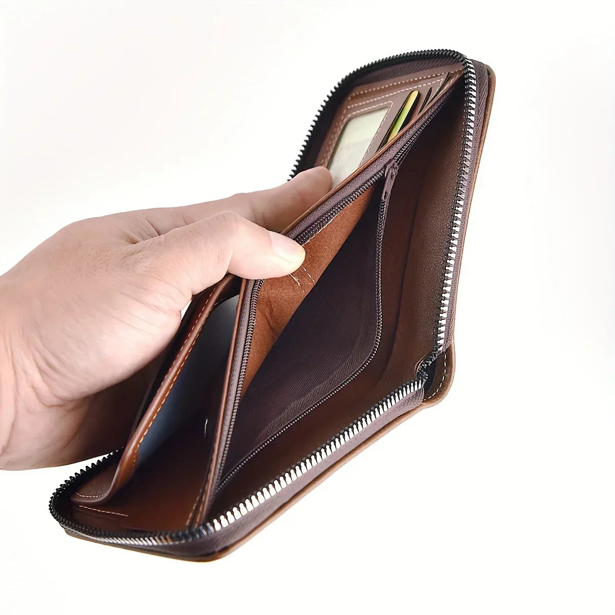 Men'S Pu Leather Zipper Wallet With Card Holder