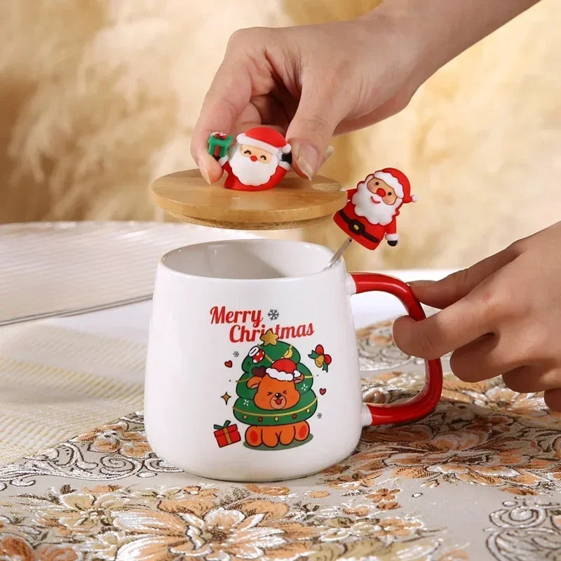 Ceramic Christmas Mug With Lid & Spoon Set