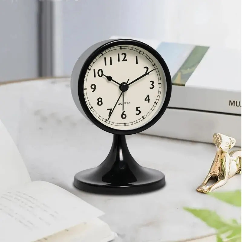 Nordic Vintage Metal Alarm Clock Silent Table Clock with Nightlight Black