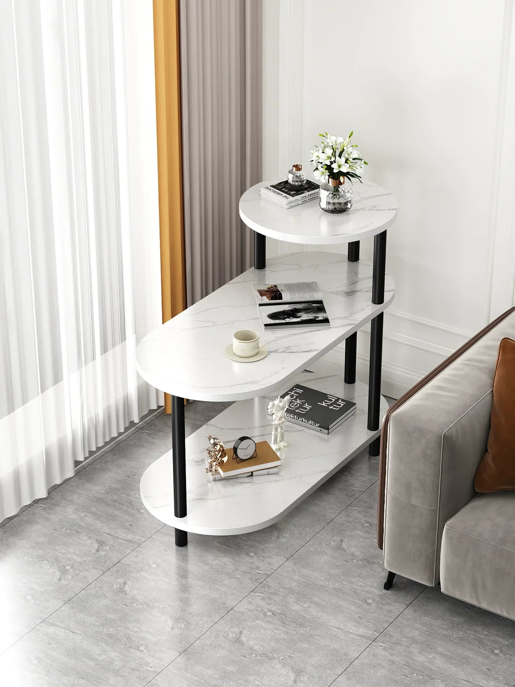 White Stone Pattern Side Table With Upgraded Thick Wooden Legs