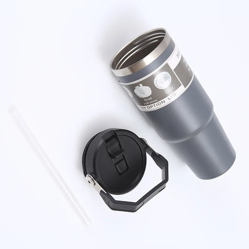 Portable Stainless Steel Car Tumbler Cup With Straw & Handle