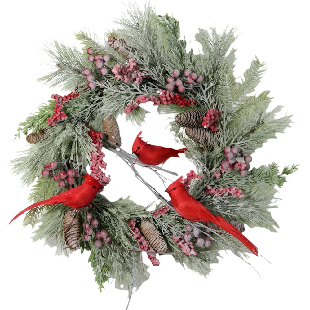 Red Cardinal Christmas Wreath With Berry And Pinecones