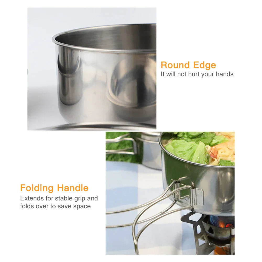 Outdoor Stainless-Steel Camping Cookware Set - Silver