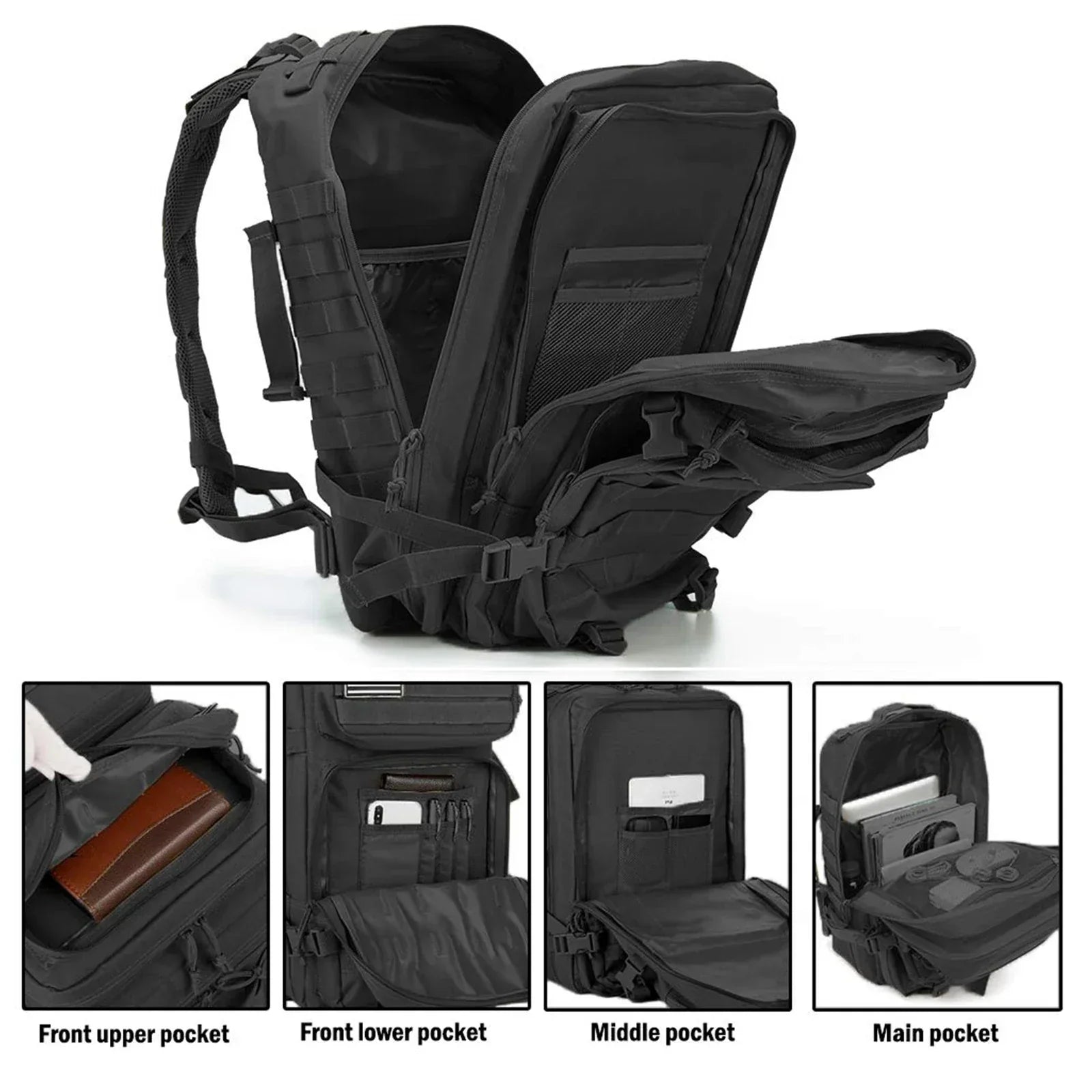45L Tactical Molle Backpack Military-Grade Assault Pack Bug Out Bag Black