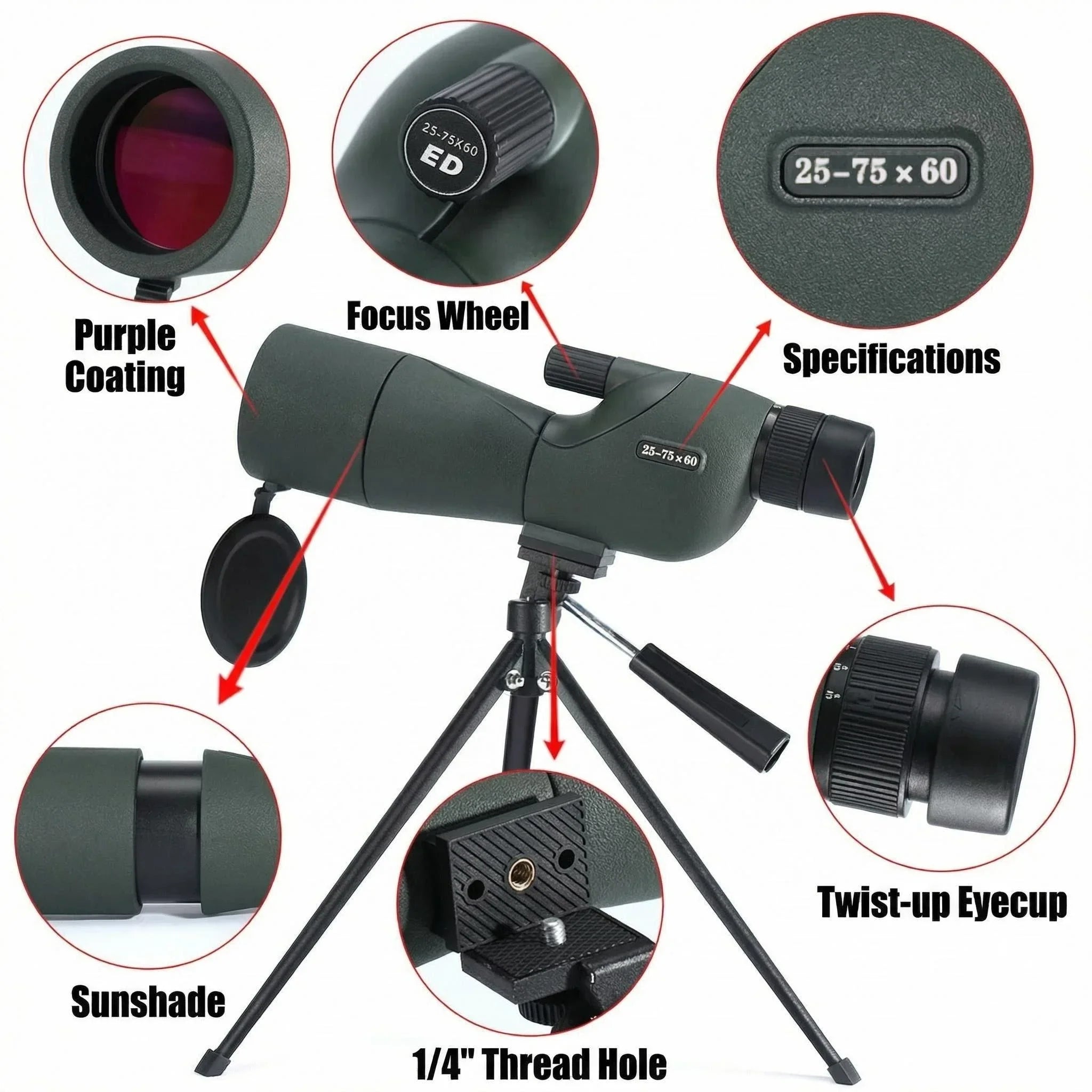 25-75x60 ED HD Waterproof Monocular Telescope