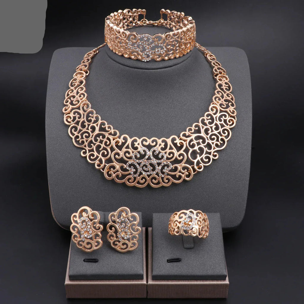 Jewelry Set Necklace Earrings Ring Bracelet (Gold)