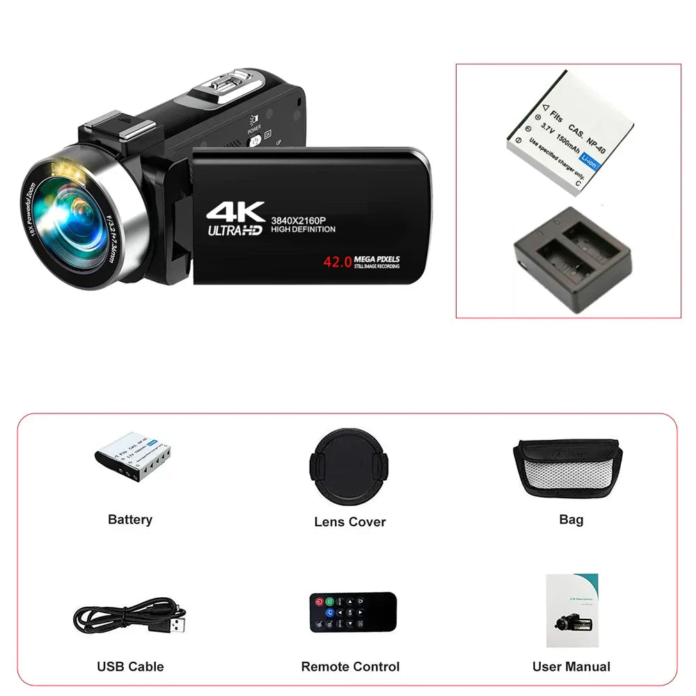 4K Digital Camera Dual Battery 64GB Card Included Black