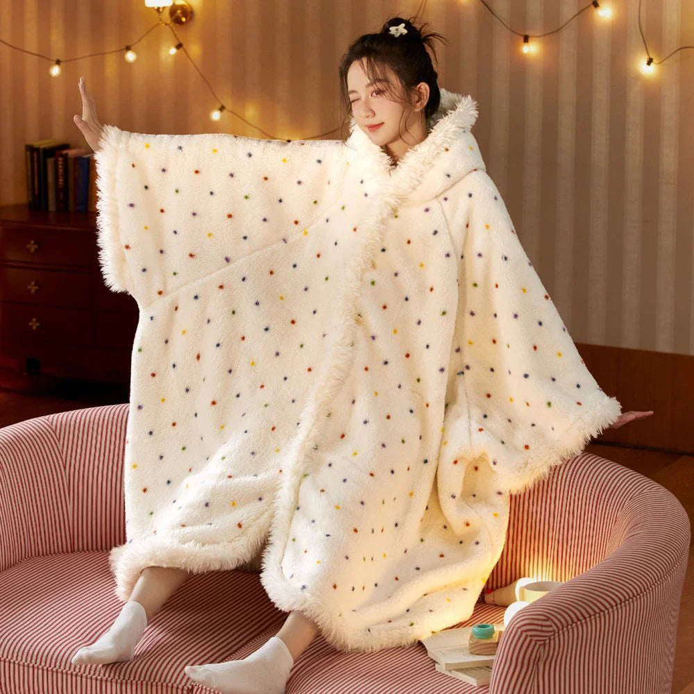 Coral Velvet Hooded Blanket Robe