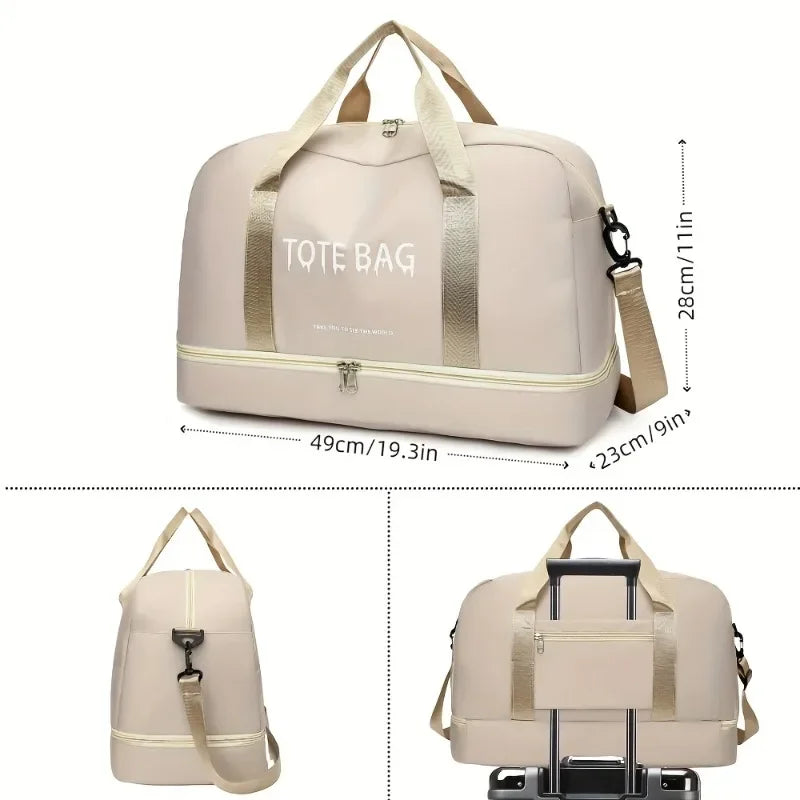 Travel Duffle Bag with Shoe Compartment & Strap (Beige)