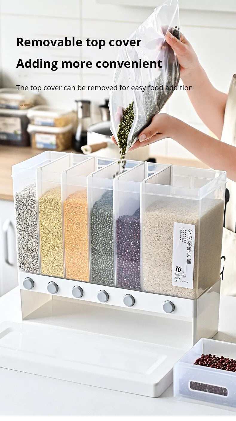 1pc Wall-Mounted Multi-Grid Food Dispenser - Large Capacity Rice Bucket