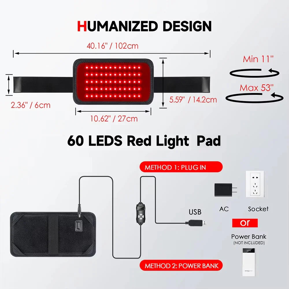 60-LED Red Infrared Light Therapy Belt Black