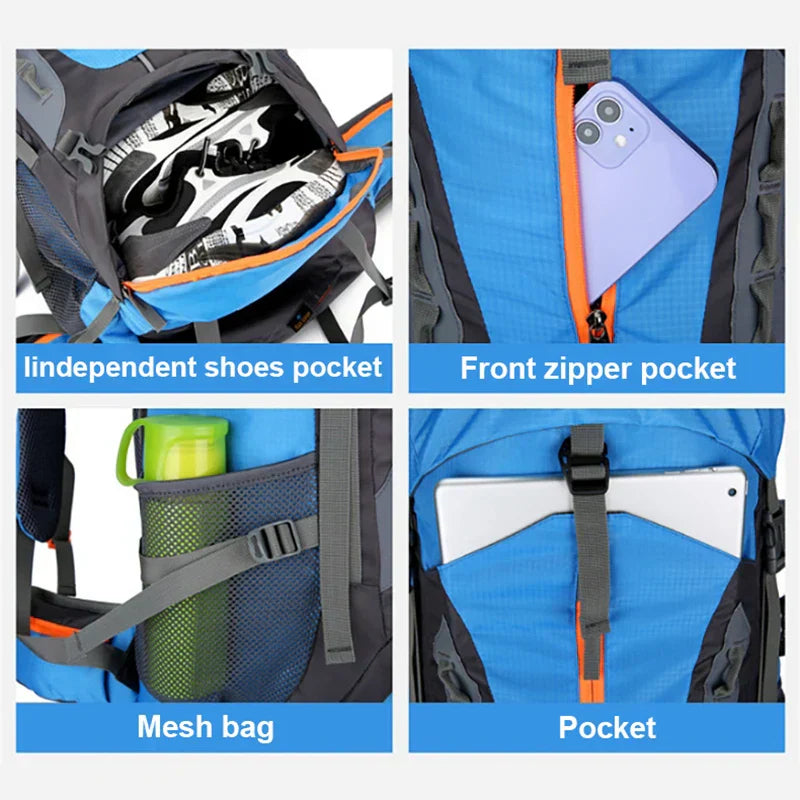 70L Camping Backpack Tear-Resistant Rucksack Blue