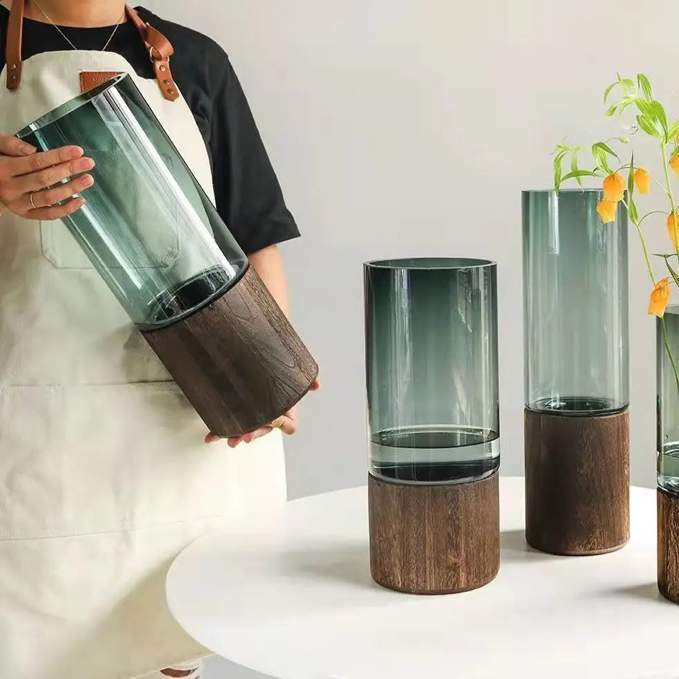 Elegant European Glass Vase with Wooden Base