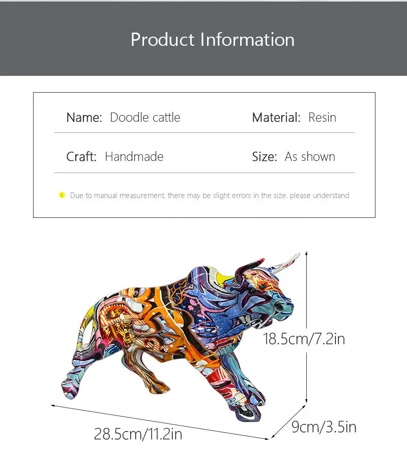 Graffiti Bull Figurine: Artistic Feng Shui Decor for Home and Office