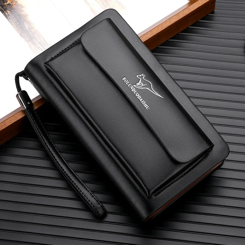 Men Leather Clutch Bag Double Zipper Business (Black)