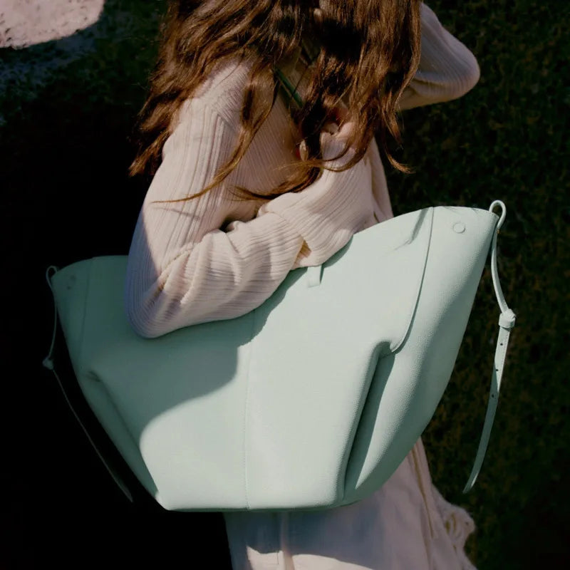 Cowhide Pleated Tote Shoulder Bag