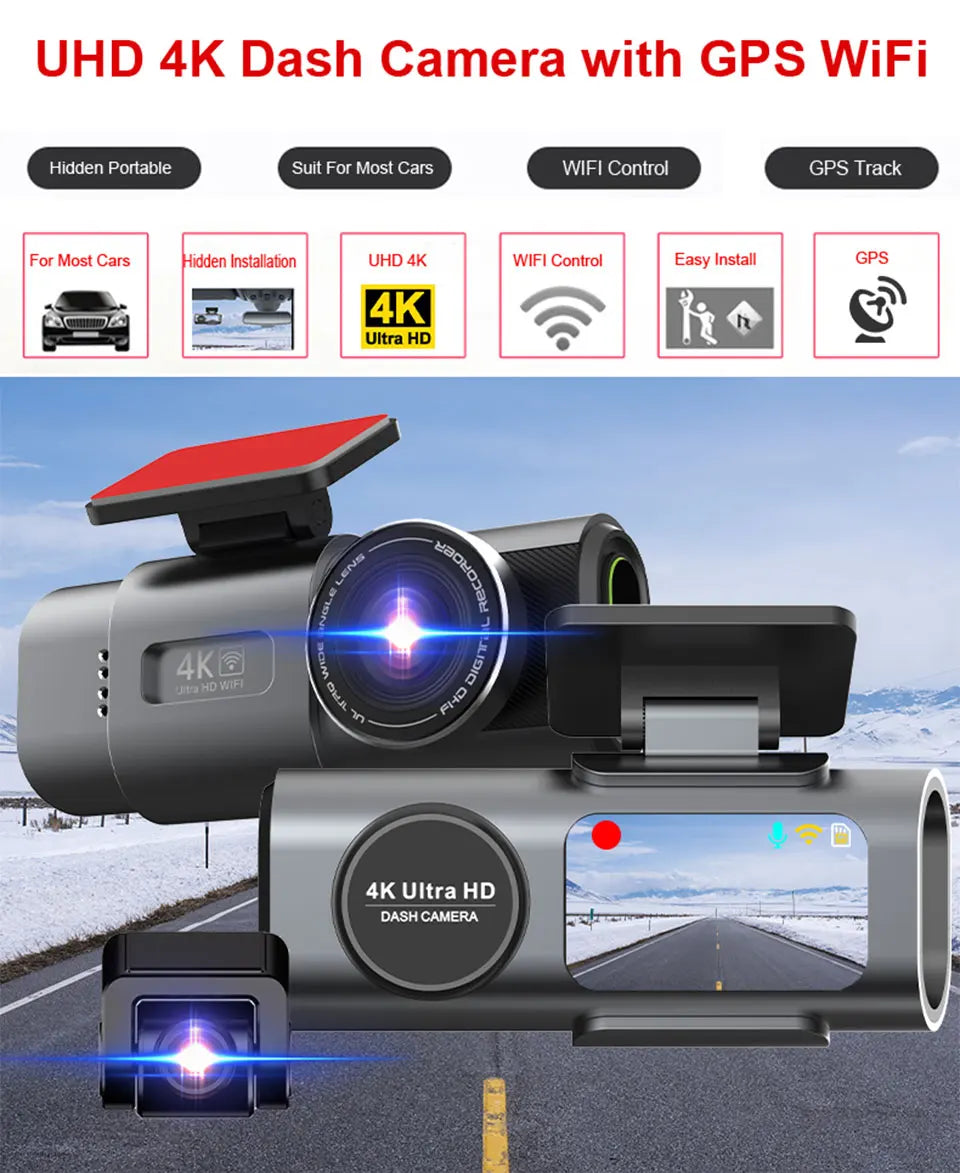 4K UHD Dual Lens Dash Cam Front Rear Night Vision Black