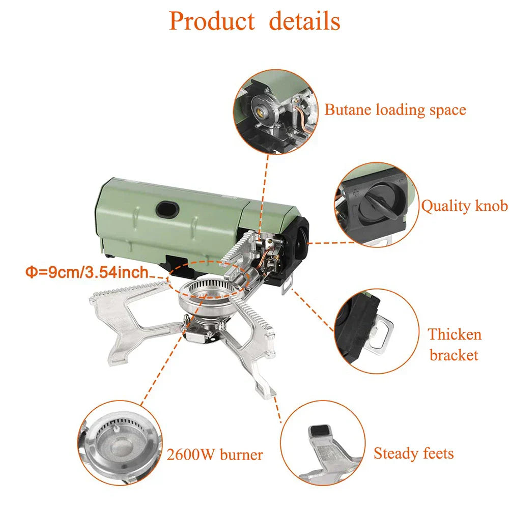 2600W Portable Folding Gas Camping Stove Stainless Steel Green