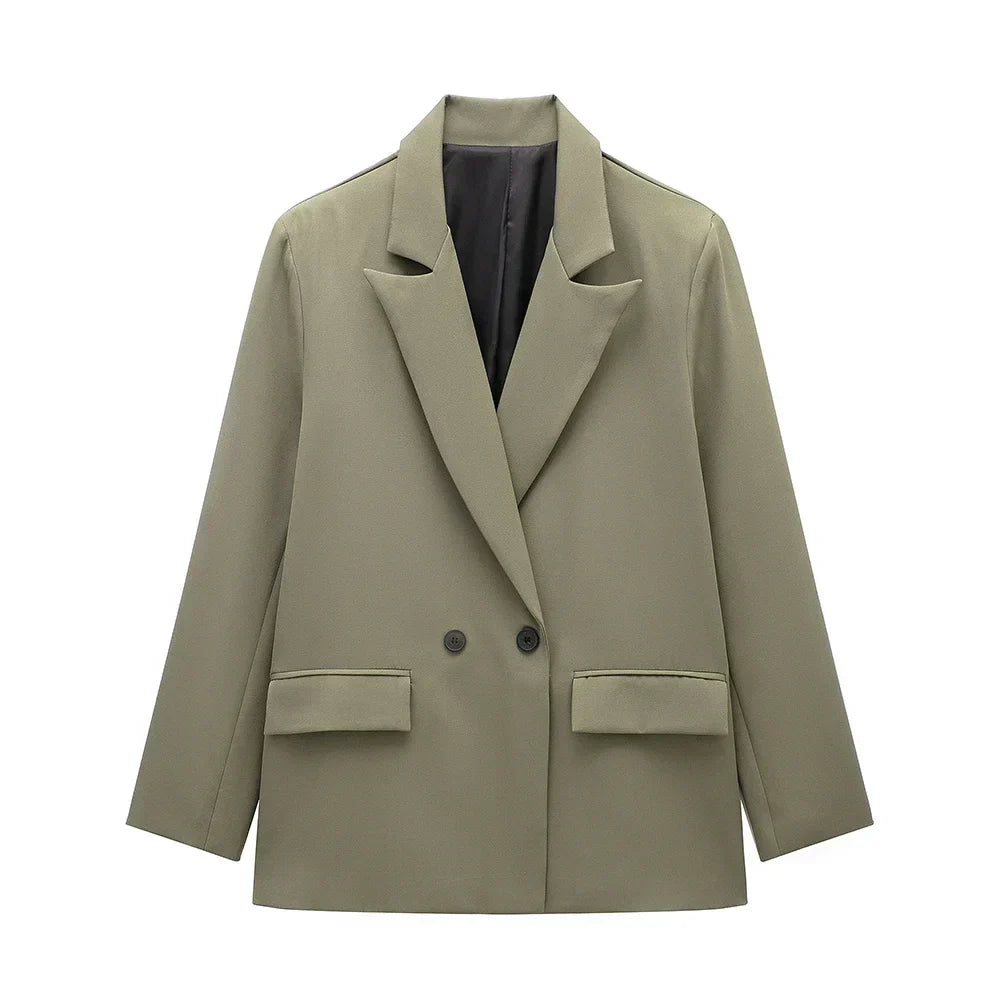 Womens Double Breasted Blazer with Pockets (Dark Green)