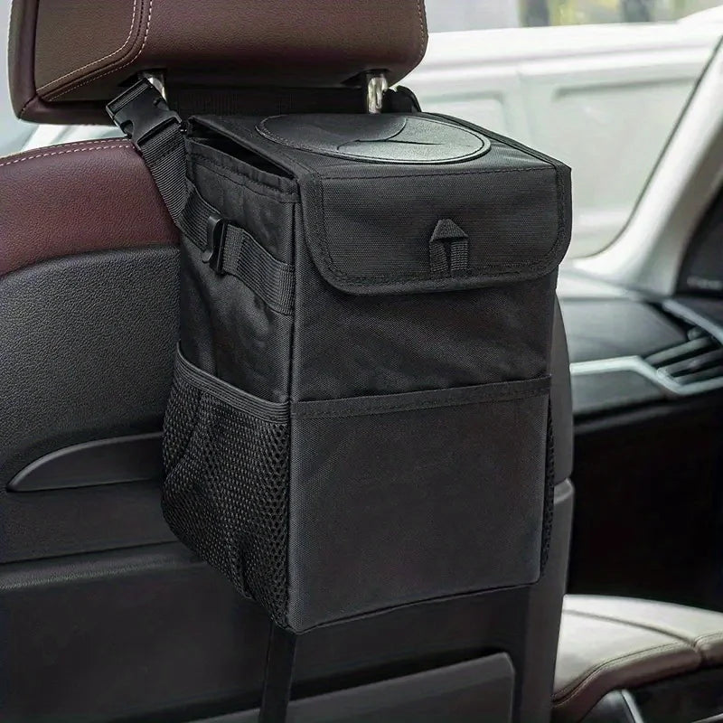 Car Trash Can with Lid Storage Pockets 100% Leak Proof Black
