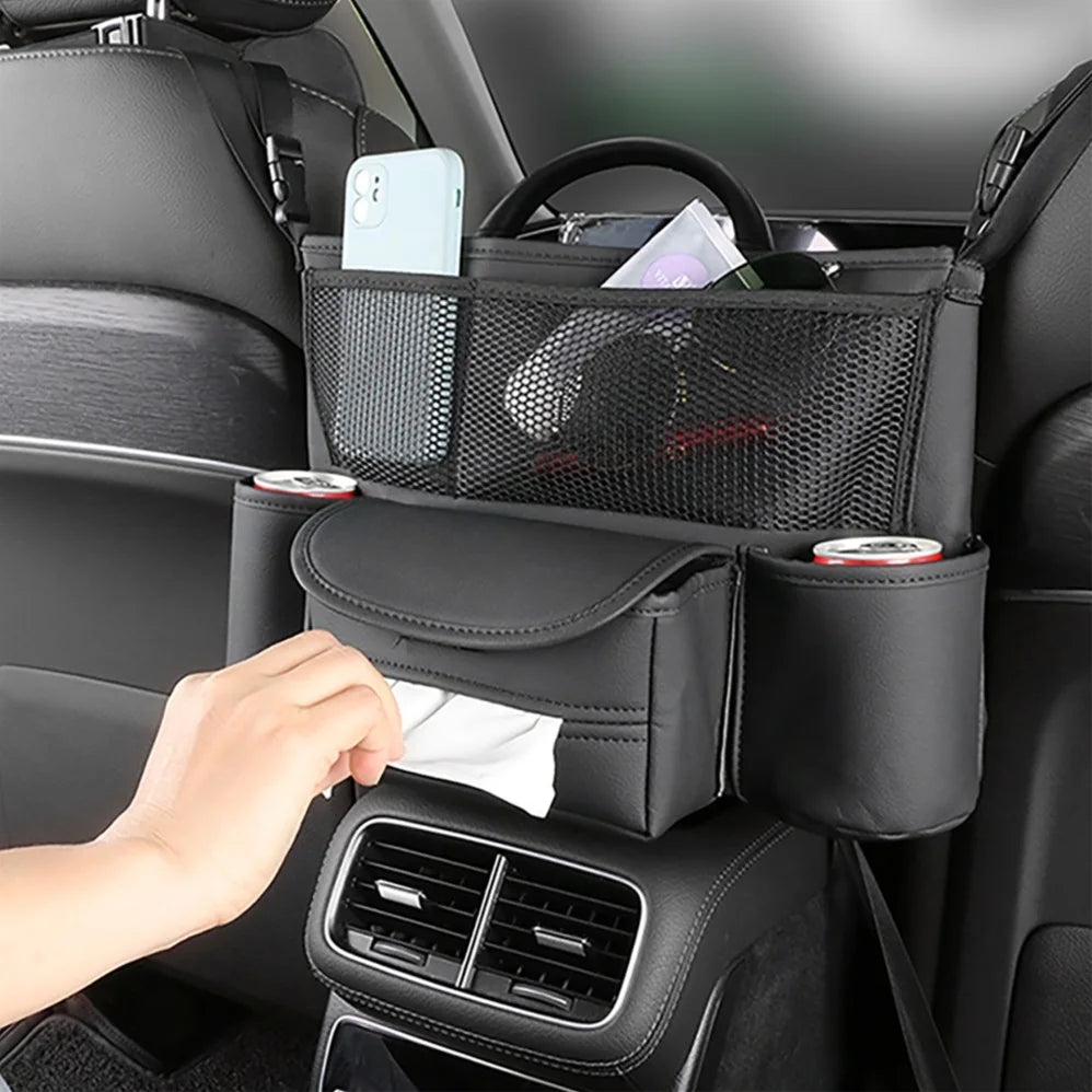 Universal Car Seat Middle Storage Bag–PU Leather Armrest Organizer Black