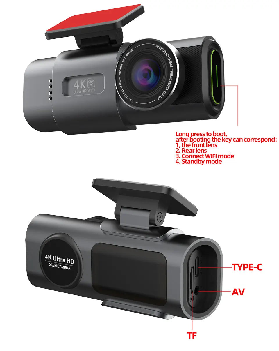 4K UHD Dual Lens Dash Cam Front Rear Night Vision Black