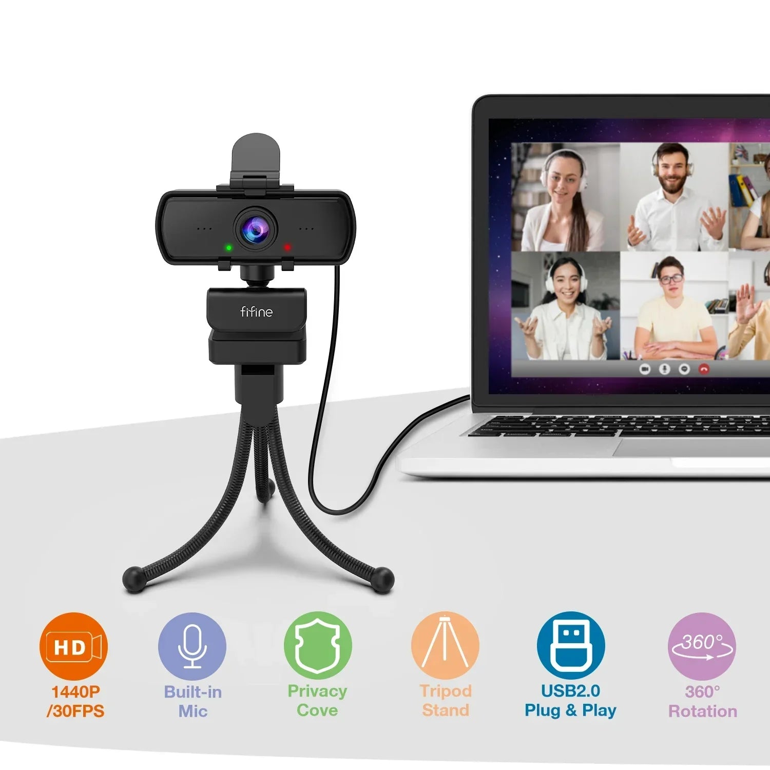 1440p Full HD USB Webcam with Microphone Tripod Black