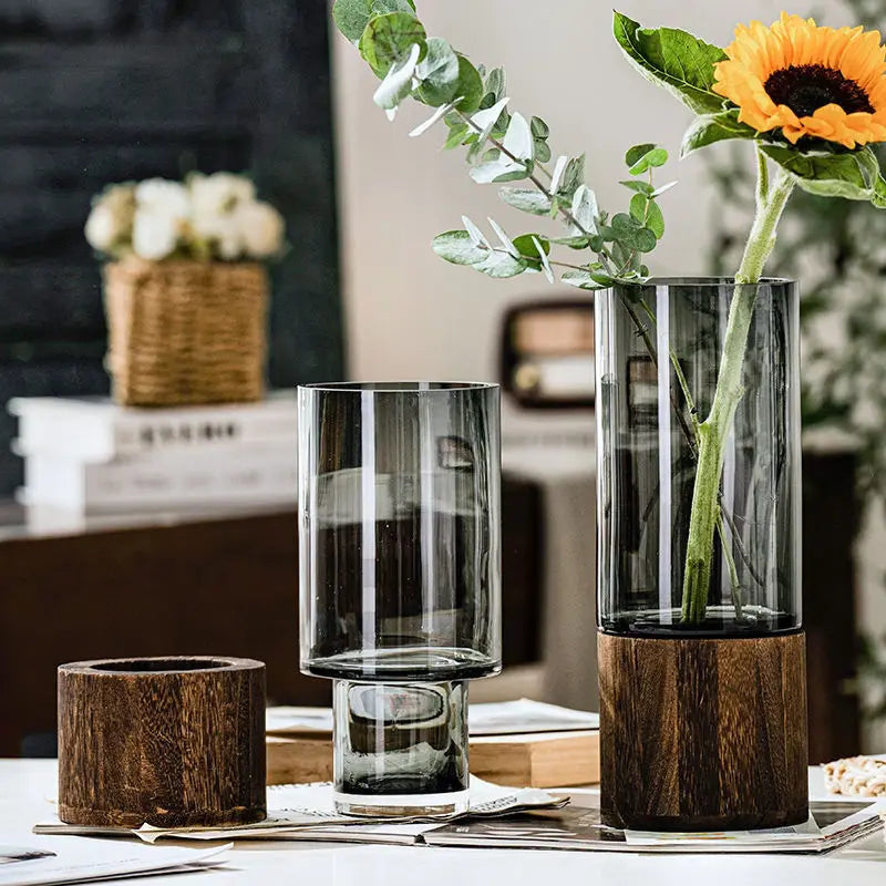 Elegant European Glass Vase with Wooden Base