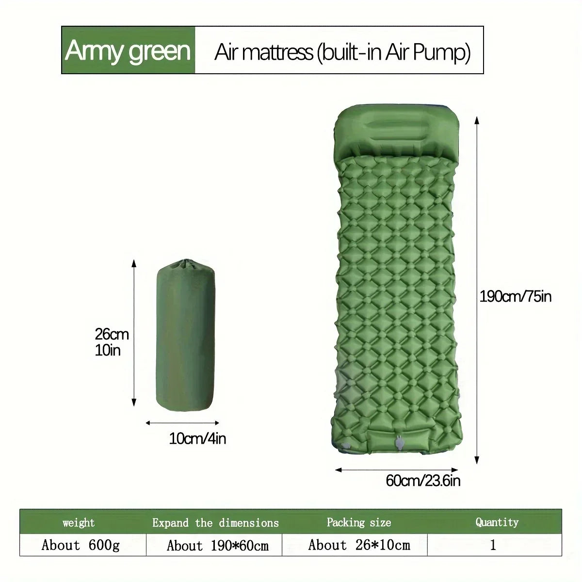 Ultralight Inflatable Camping Sleeping Pad with Built-In Pillow Green