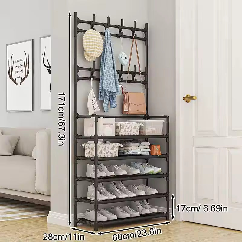 Stainless Steel Coat & Shoe Rack (8-Hook 5-Tier)