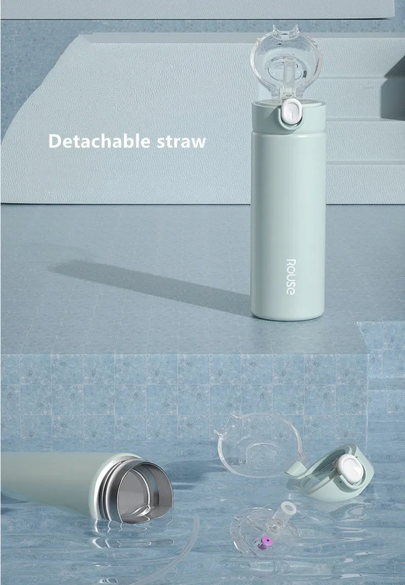 380ml Thermos Bottle with Straw Blue