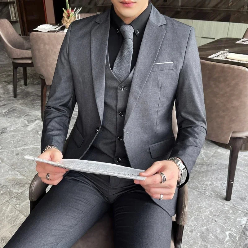 Mens Formal Suit Set Blazer Vest Pants (Gray)