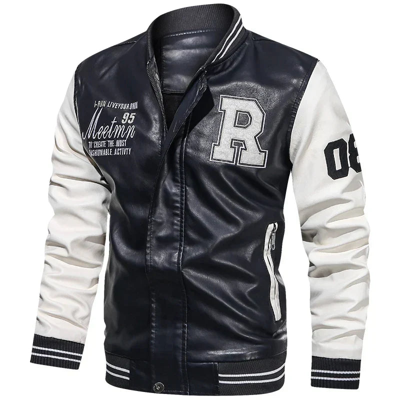 Men's PU Leather Moto Jacket (WHITE)(XL)