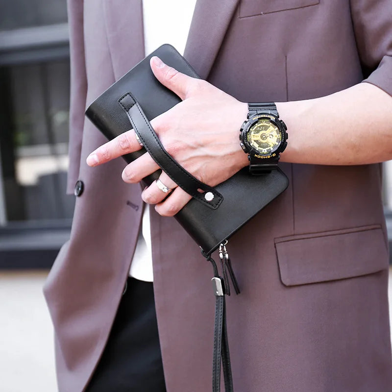 Men Leather Clutch Bag Double Zipper Business (Black)
