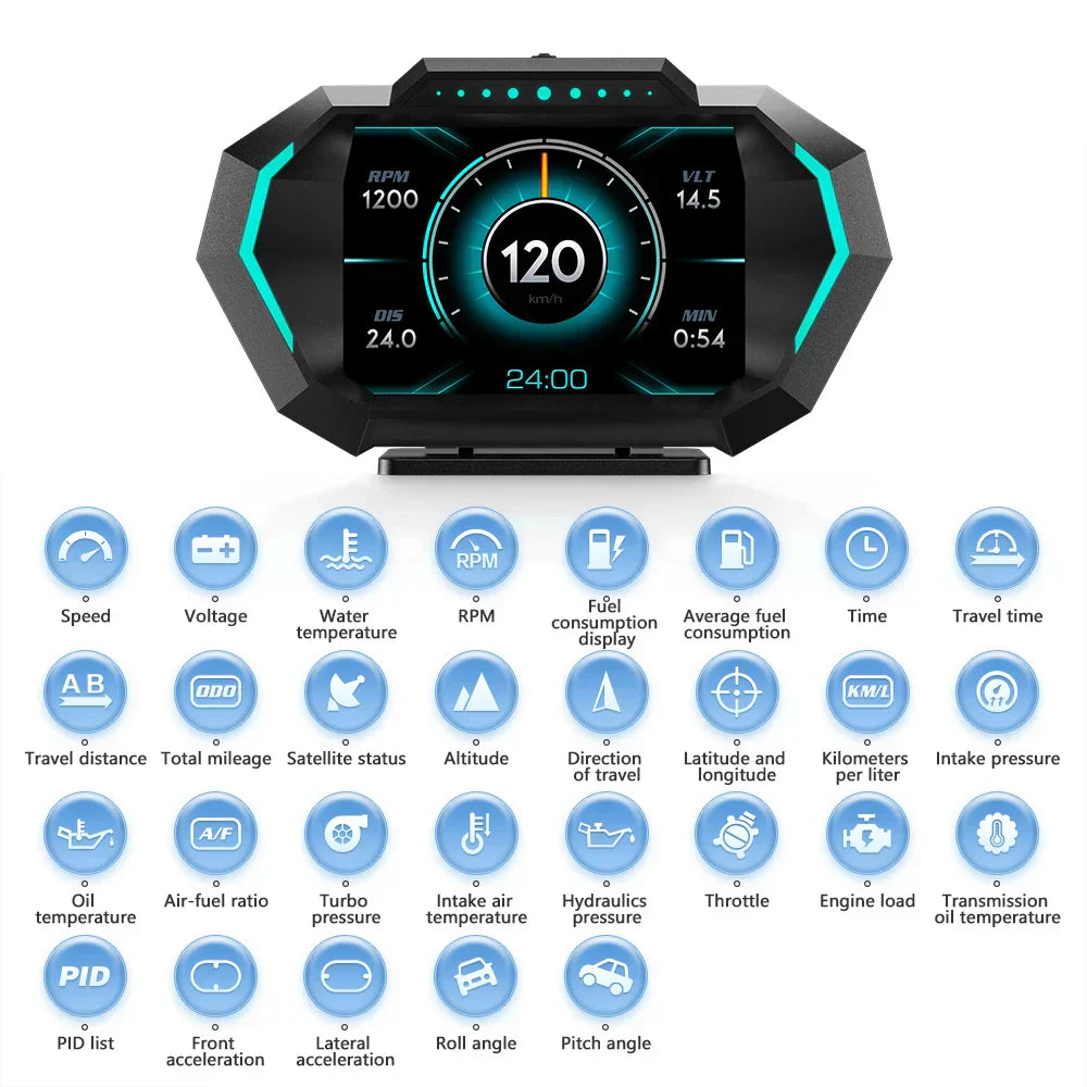 Car Speedometer Head Up Display HUD GPS OBD2 Slope Met Black
