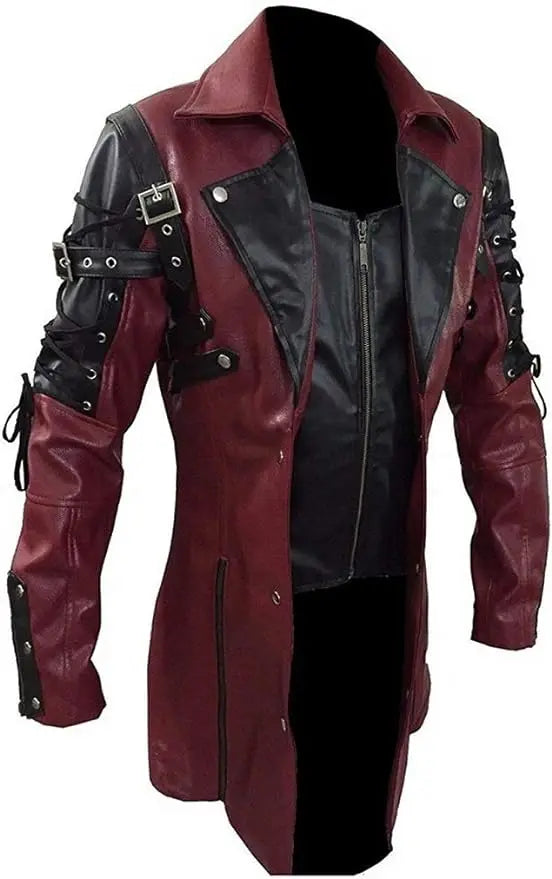 Mens Steampunk Faux Leather Trench Biker Jacket