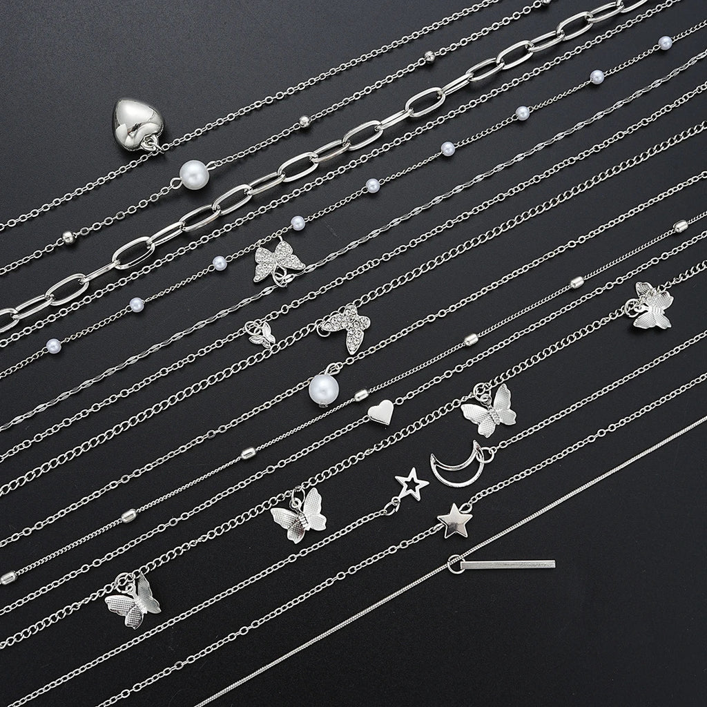 NNEOBA 13-Piece Womens Silver Necklace Set with Charms